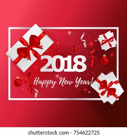 New Years greeting card vector illustration. Happy New Year 2018 on red background for greeting cards, web banner, flayer brochure