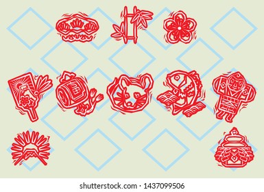 new years greeting card of woodblock print style / Japanese zodiac - Rat, red stamp on rhomboid light blue background