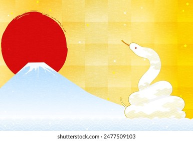 New Year's greeting card for the year of the snake 2025, snake, Fuji, the first sunrise and waves, New Year postcard material, Vector Illustration