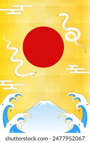 New Year's greeting card for the year of the snake 2025, snake, Fuji, the first sunrise and waves, New Year postcard material, Vector Illustration