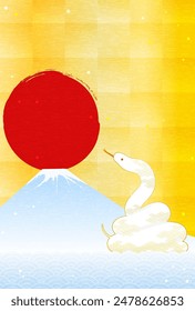 New Year's greeting card for the year of the snake 2025, snake, Fuji, the first sunrise and waves, New Year postcard material, Vector Illustration