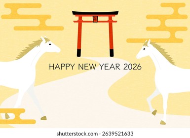 New Year's greeting card for the year 2026, horse heading to the torii of a shrine for the first time, New Year's postcard material, Vector Illustration