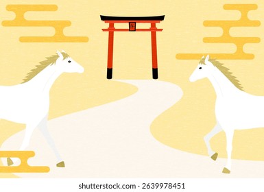 New Year's greeting card for the year 2026, horse heading to the torii of a shrine for the first time, New Year's postcard material, Vector Illustration