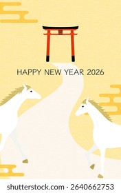 New Year's greeting card for the year 2026, horse heading to the torii of a shrine for the first time, New Year's postcard material, Vector Illustration