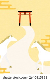 New Year's greeting card for the year 2026, horse heading to the torii of a shrine for the first time, New Year's postcard material, Vector Illustration