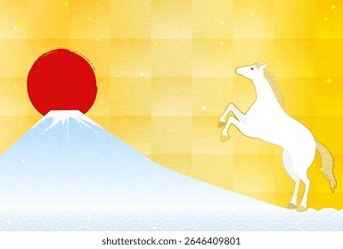 New Year's greeting card for the year of the horse 2026, horse, Fuji, the first sunrise and waves, New Year postcard material, Vector Illustration