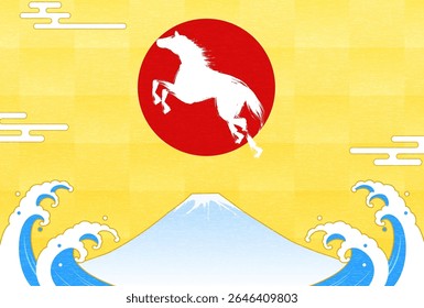 New Year's greeting card for the year of the horse 2026, horse, Fuji, the first sunrise and waves, New Year postcard material, Vector Illustration
