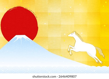 New Year's greeting card for the year of the horse 2026, horse, Fuji, the first sunrise and waves, New Year postcard material, Vector Illustration