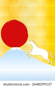 New Year's greeting card for the year of the horse 2026, horse, Fuji, the first sunrise and waves, New Year postcard material, Vector Illustration