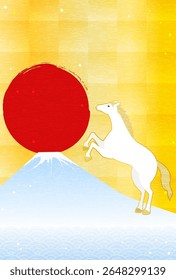 New Year's greeting card for the year of the horse 2026, horse, Fuji, the first sunrise and waves, New Year postcard material, Vector Illustration