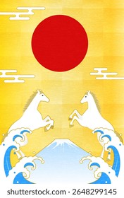 New Year's greeting card for the year of the horse 2026, horse, Fuji, the first sunrise and waves, New Year postcard material, Vector Illustration