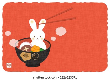 new years greeting card with Zoni and a rice cake of rabbit, the Chinese or Japanese zodiac sign for 2023