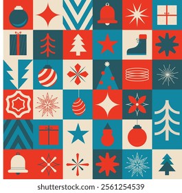 New Year's greeting cards, illustration pattern set and background consisting of pine tree gift boxes and balls