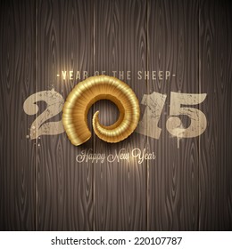 New years greeting with golden horn of a sheep on a wooden surface - vector illustration