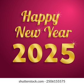 New Year's greeting with 'Happy New Year 2025' in bold gold letters on a deep pink background. The sparkling accents add a festive touch, perfect for holiday cards, banners, or decorations.