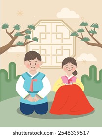 New Year's greeting illustration with men and women wearing hanbok greeting each other on a traditional background