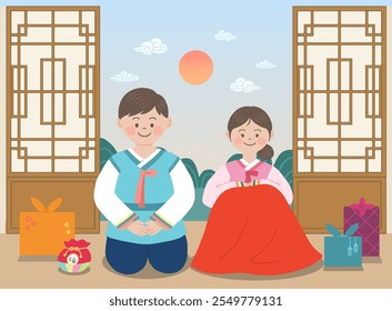 New Year's greeting illustration with men and women wearing hanbok greeting each other on a traditional background (translation: luck)