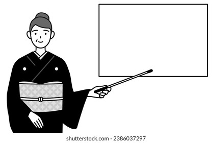 New Year's greeting and weddings, Senior woman in kimono pointing at a whiteboard with an indicator stick, Vector Illustration