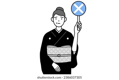 New Year's greeting and weddings, Senior woman in kimono holding a placard with an X indicating incorrect answer, Vector Illustration
