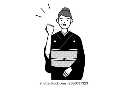 New Year's greeting and weddings, Senior woman in kimono posing with guts, Vector Illustration