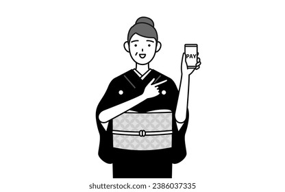 New Year's greeting and weddings, Senior woman in kimono recommending cashless online payments on a smartphone, Vector Illustration