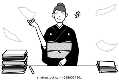 New Year's greeting and weddings, Senior woman in kimono who is fed up with her unorganized business, Vector Illustration