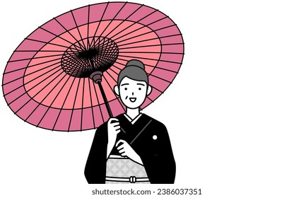New Year's greeting and weddings, Senior woman in kimono is holding a Japanese umbrella with smile, Vector Illustration