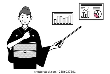 New Year's greeting and weddings, Senior woman in kimono analyzing a performance graph, Vector Illustration