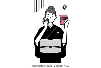 New Year's greeting and weddings, Senior woman in kimono looking at her bankbook and feeling depressed, Vector Illustration