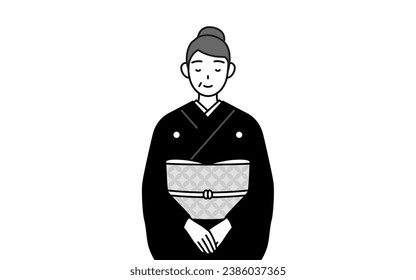 New Year's greeting and weddings, Senior woman in kimono bowing with folded hands, Vector Illustration