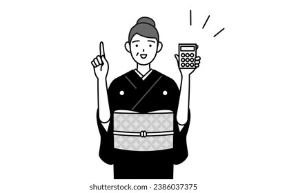 New Year's greeting and weddings, Senior woman in kimono holding a calculator and pointing, Vector Illustration