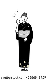 New Year's greeting and weddings, Senior woman in kimono posing with guts, Vector Illustration