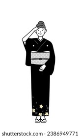 New Year's greeting and weddings, Senior woman in kimono looking into the distance, Vector Illustration