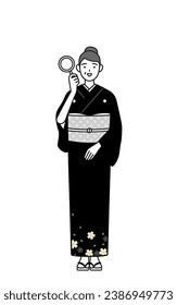 New Year's greeting and weddings, Senior woman in kimono looking through magnifying glasses, Vector Illustration