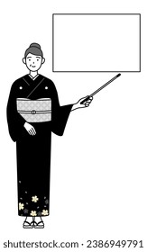 New Year's greeting and weddings, Senior woman in kimono pointing at a whiteboard with an indicator stick, Vector Illustration