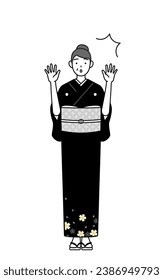 New Year's greeting and weddings, Senior woman in kimono raising her hand in surprise, Vector Illustration