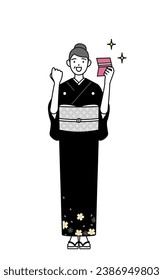 New Year's greeting and weddings, Senior woman in kimono who is pleased to see a bankbook, Vector Illustration