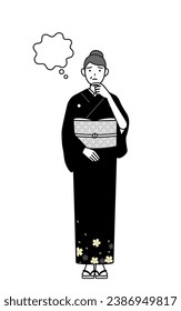 New Year's greeting and weddings, Senior woman in kimono thinking while scratching her face, Vector Illustration