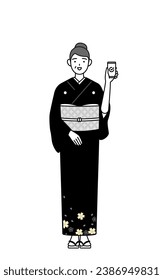 New Year's greeting and weddings, Senior woman in kimono using a smartphone at work, Vector Illustration