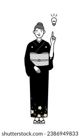 New Year's greeting and weddings, Senior woman in kimono coming up with an idea, Vector Illustration