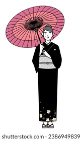 New Year's greeting and weddings, Senior woman in kimono is holding a Japanese umbrella with smile, Vector Illustration
