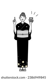 New Year's greeting and weddings, Senior woman in kimono holding a calculator and pointing, Vector Illustration