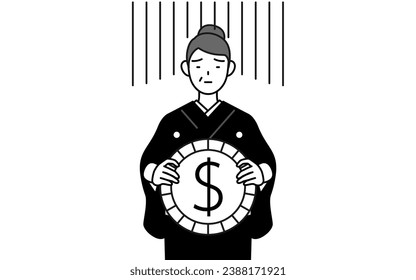 New Year's greeting and weddings, Senior woman in kimono an image of exchange loss or dollar depreciation, Vector Illustration