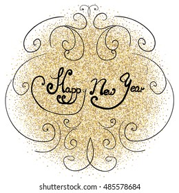 New Year's greetings in  frame with gold sequins .