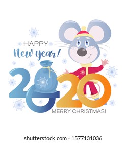 New Year's greetings. Little mouse Santa Claus and a bag of gifts.
Chinese New Year. Mice symbols of 2020. Vector illustration isolated on a white background.