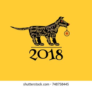 New years greetings.The silhouette of the dog with inscriptions on the contour.