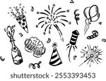 New Years Hand Drawing, Confetti, Firework, Balloon, Cheers, Sparkling Wine, Champagne, Roman Candles, Firework firecrackers, Trumpet, Celebrate, Happy New Years 2025