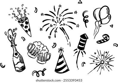 New Years Hand Drawing, Confetti, Firework, Balloon, Cheers, Sparkling Wine, Champagne, Roman Candles, Firework firecrackers, Trumpet, Celebrate, Happy New Years 2025