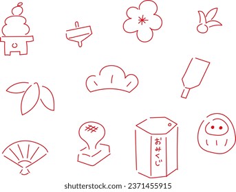 New Year's hand drawn line drawing icon set (red line)