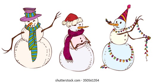 New Year's hand drawn snowman in Christmas caps and scarfs, with garland and bird. Christmas element, background, design. Vector illustration.